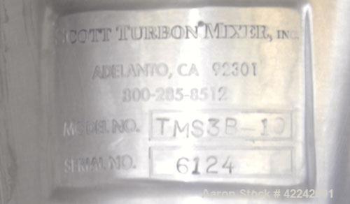 Used Scott Turbon Top Mounted Mixer, Model TMS3B-10. Approximately 1-1/2’’ diameter 17-4 PH stainless steel shaft with a “B” style head. Driven by a 10 hp, 3/60/230/460 volt, 3500 rpm motor. Mixer mo...