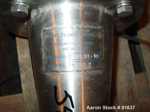 USED: Scott Turbon mixer, model TMS3B-10. Electrical: 10 hp, 3/60/230-460, 3450 rpm. 10" x 10" plate mount. 31" long x 1-1/2" diameter stainless steel shaft with 4-1/2" stainless steel disperser blad...