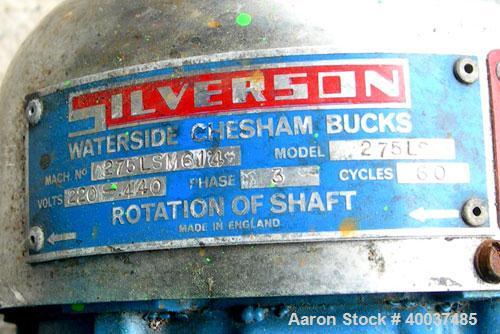 Used Silverson mixer, model 275LS, stainless steel. Driven by a 2hp,3/60/220/440 volt, 3445 rpm motor.