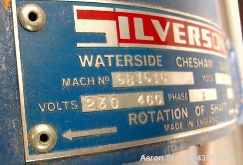 Used Silverson Batch Mixer Emulsifier, Model FX60, 316 Stainless Steel. Speed range 3600 rpm, batch range 40 to 320 gallon, approximately 20-1/2” long shaft. Driven by a 7-1/2hp, 3/60/230/460 volt, 3...