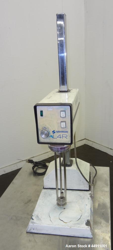 Used Silverson Laboratory Batch Mixer Emulsifier, Model L4R, 316 Stainless Steel. Nominal speed range 8000 rpm, batch range 1ml to 12 liters (0.0003 to 3.1 gallon), approximately 11-1/2" long shaft, ...