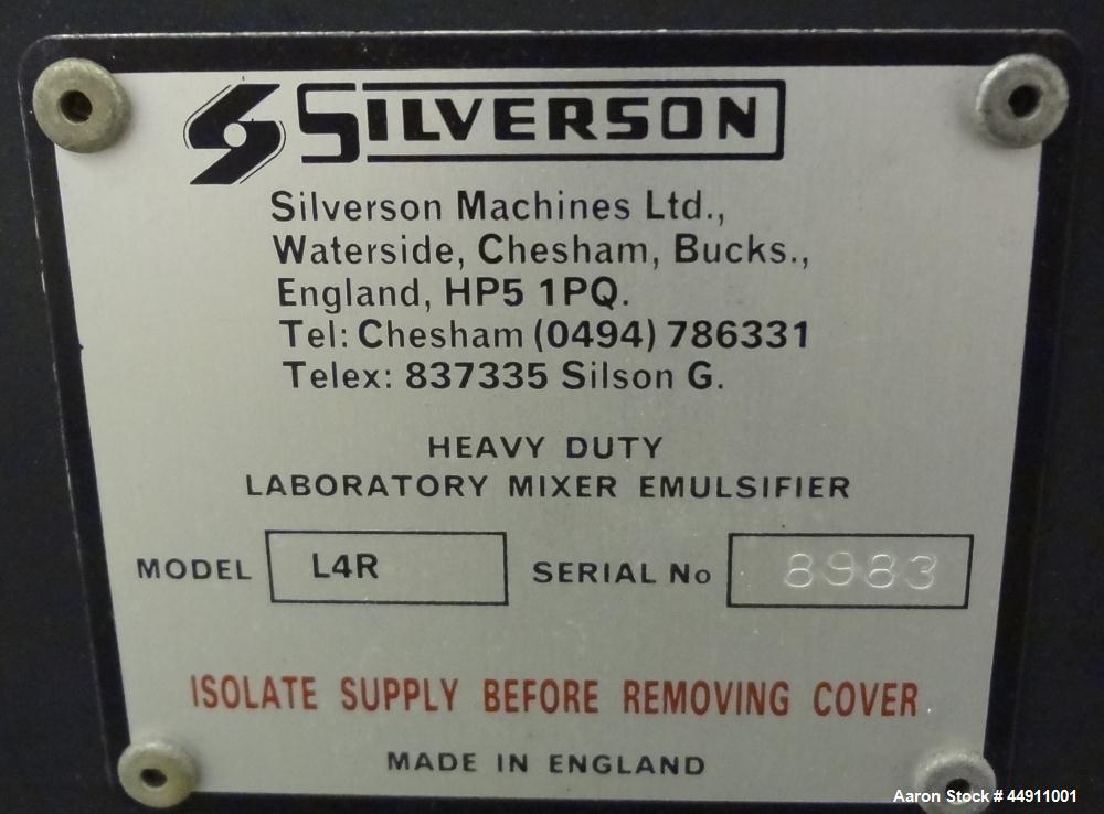Used Silverson Laboratory Batch Mixer Emulsifier, Model L4R, 316 Stainless Steel. Nominal speed range 8000 rpm, batch range 1ml to 12 liters (0.0003 to 3.1 gallon), approximately 11-1/2" long shaft, ...