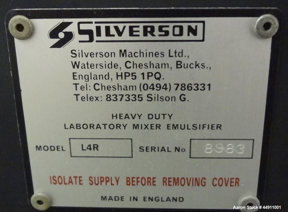 Used- Silverson Laboratory Batch Mixer Emulsifier, Model L4R, 316 Stainless Steel. Nominal speed range 8000 rpm, batch range...