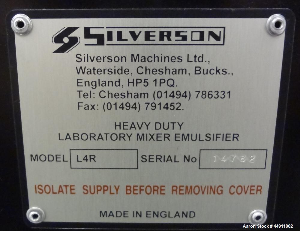 Used Silverson Laboratory Batch Mixer Emulsifier, Model L4R, 316 Stainless Steel. Nominal speed range 8000 rpm, batch range 1ml to 12 liters (0.0003 to 3.1 gallon), approximately 11-1/2" long shaft, ...
