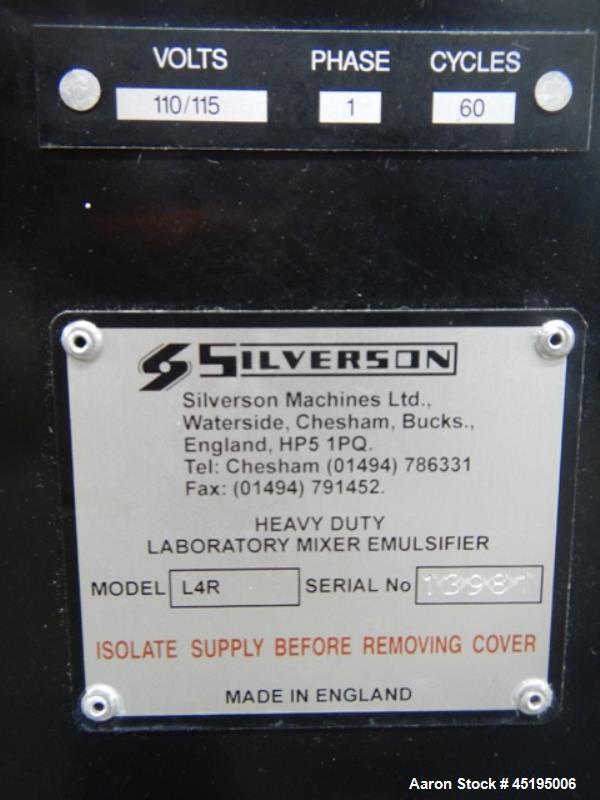 Used Silverson Bench Top Homogenizer, Model L4R.  Stainless steel shaft and blade, with controls, 115 volt, serial #1398.