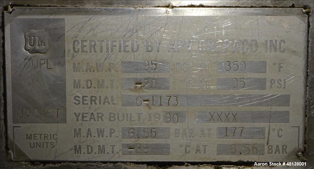 Used APV Crepaco Liquifier, Approximately 100 Gallon, 304 Stainless steel.