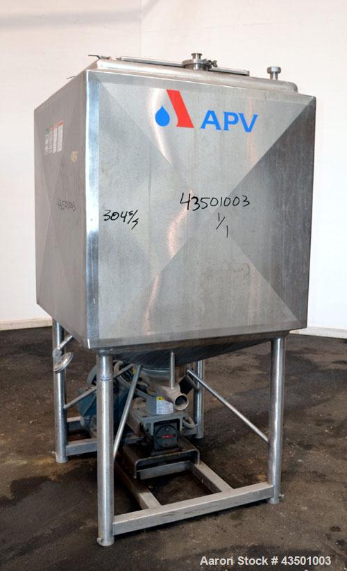 Used APV Crepaco Flex-Mix Liquiverter, 300 Gallon, 304 Stainless Steel. Jacketed tank 40” wide x 40” long x approximately 45” deep, rated 59 psi at 350 degrees F. 12” Bottom impeller, driven by a 30 ...