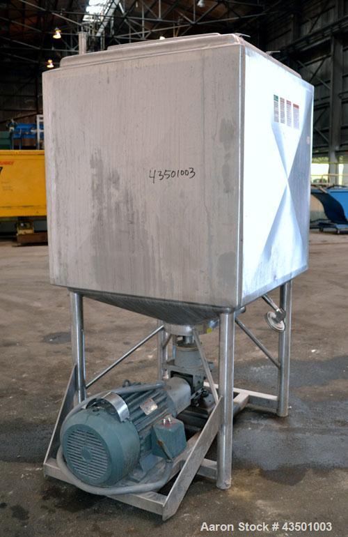 Used APV Crepaco Flex-Mix Liquiverter, 300 Gallon, 304 Stainless Steel. Jacketed tank 40” wide x 40” long x approximately 45” deep, rated 59 psi at 350 degrees F. 12” Bottom impeller, driven by a 30 ...