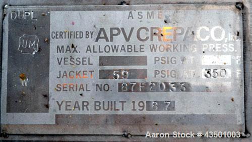 Used APV Crepaco Flex-Mix Liquiverter, 300 Gallon, 304 Stainless Steel. Jacketed tank 40” wide x 40” long x approximately 45” deep, rated 59 psi at 350 degrees F. 12” Bottom impeller, driven by a 30 ...