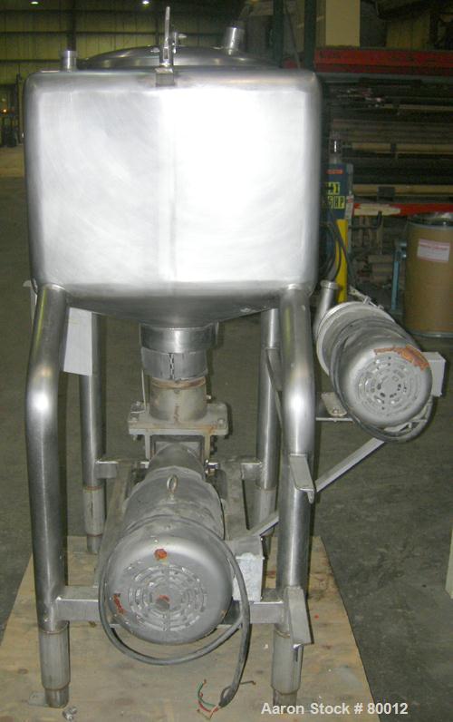 USED: APV 50 gallon vertical rectangular liquifier, 304 stainless steel. 26" wide x 26" wide x 18" straight side. 316 stainless steel blade driven by a 10 hp, 3/60/208-230/460 volt, 1760 rpm motor. T...