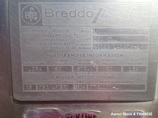 Used- 250 Gallon Jacketed Breddo Likwifier/Liquifier, Model LDDW250