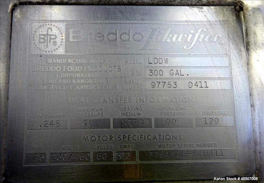Used Breddo Likwifier, 300 Gallon, Model LDDW, 304 Stainless Steel.