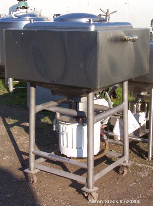 USED: Breddo 75 gallon Likwifier, square stainless steel sanitary construction. Dome top manway, direct drive 15 hp agitator 460V/1800 rpm. Mounted on stainless steel legs with casters.