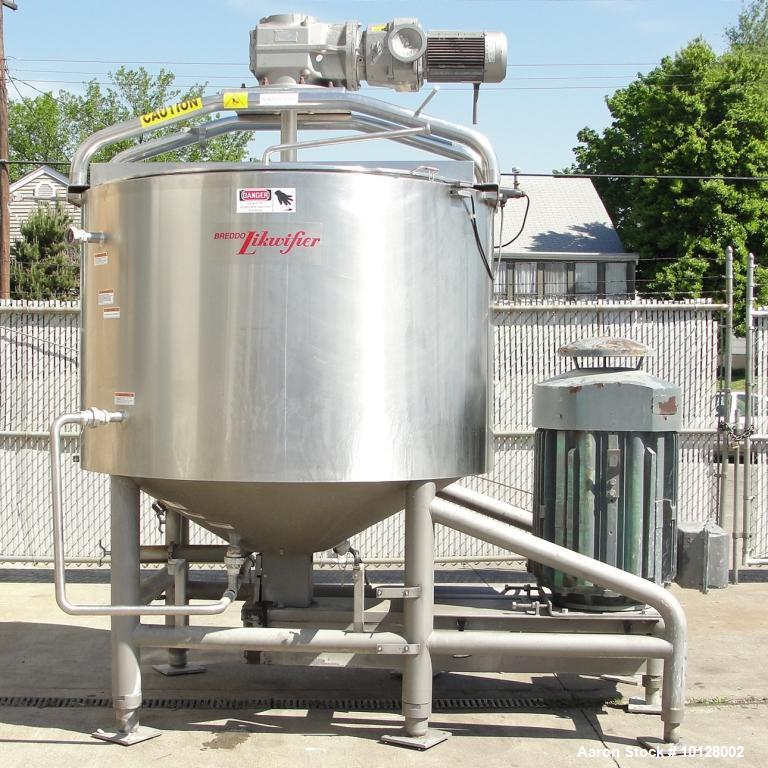 Used Breddo Likwifier 600 Gallon, 316 Stainless Steel, Jacketed Scrape Surface Contical Bottom Blender, Model LORWWSS.  Interior dimensions 64" diameter x 40" straight side height x 15" cone.  Overal...