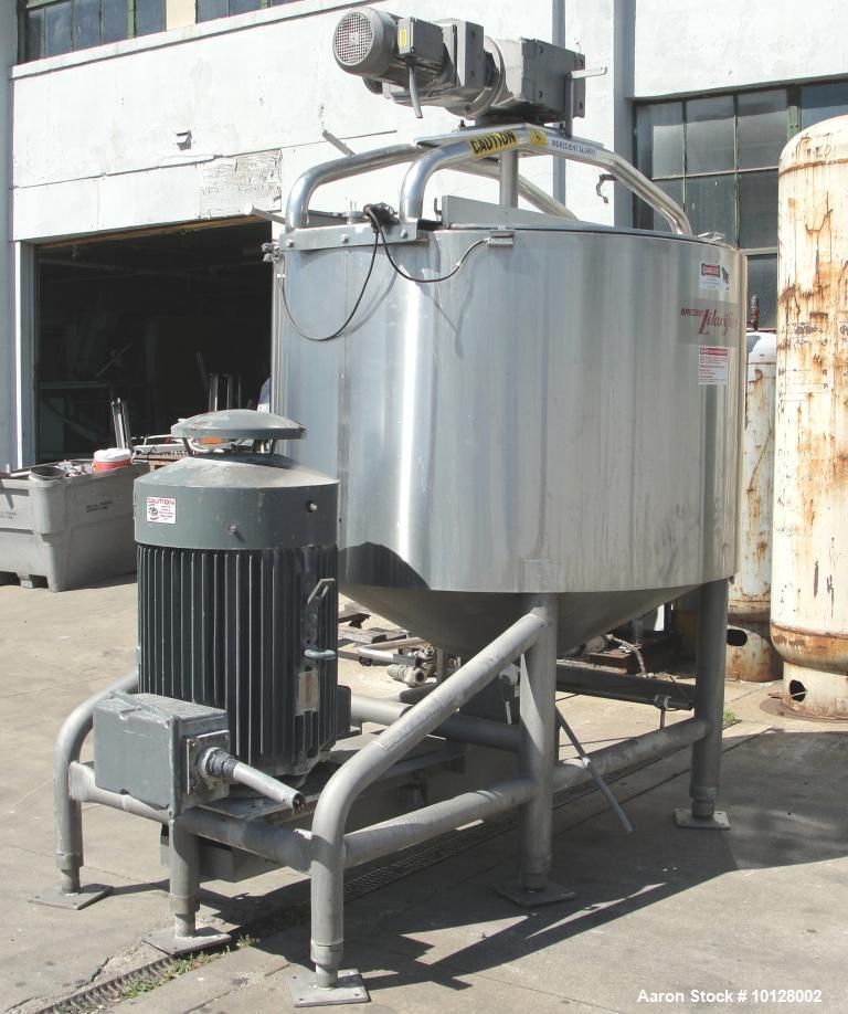 Used Breddo Likwifier 600 Gallon, 316 Stainless Steel, Jacketed Scrape Surface Contical Bottom Blender, Model LORWWSS.  Interior dimensions 64" diameter x 40" straight side height x 15" cone.  Overal...