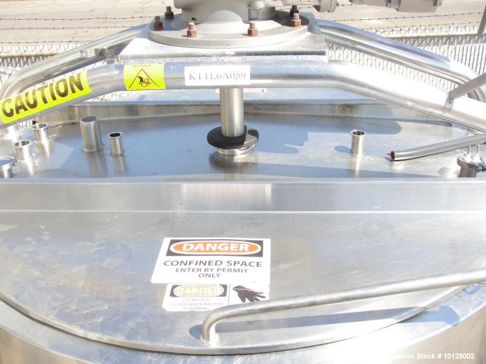 Used Breddo Likwifier 600 Gallon, 316 Stainless Steel, Jacketed Scrape Surface Contical Bottom Blender, Model LORWWSS.  Interior dimensions 64" diameter x 40" straight side height x 15" cone.  Overal...
