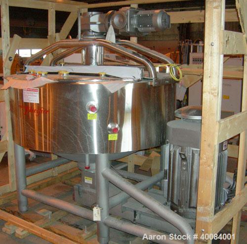 Unused: Breddo Likwifier, 300 gallon, model LORWWSS, 316 stainless steel. Dimple jacketed chamber 64" diameter x 21" straight side x coned bottom.Open top with (2) hinged covers, bolt on stainless st...