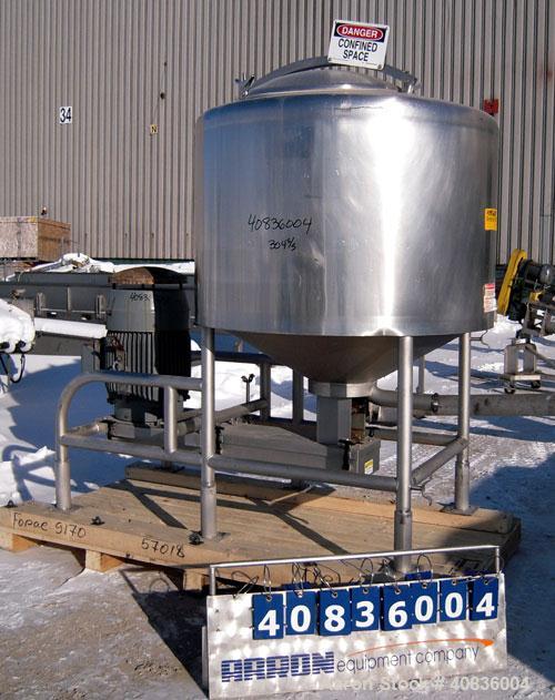 Used Breddo Likwifier, 300 Gallon, Model LOR, 304 Stainless Steel.  Non-jacketed tank 54" diameter x 30" straight side x coned bottom.  Dished top with the following openings: 1 1/2" tri-clamp, (2) 2...