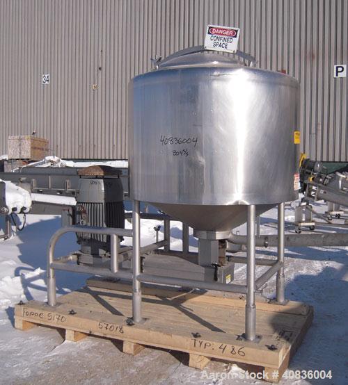Used Breddo Likwifier, 300 Gallon, Model LOR, 304 Stainless Steel.  Non-jacketed tank 54" diameter x 30" straight side x coned bottom.  Dished top with the following openings: 1 1/2" tri-clamp, (2) 2...