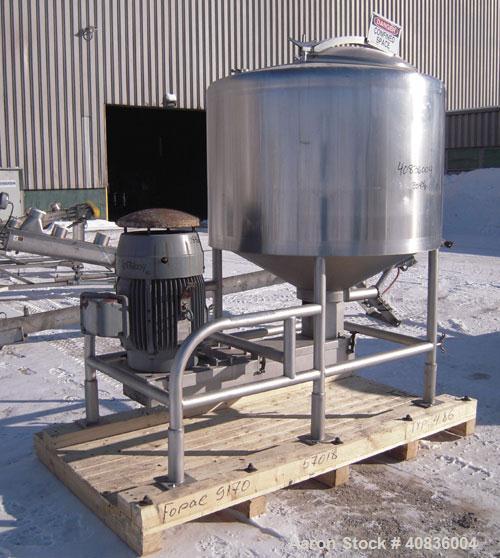 Used Breddo Likwifier, 300 Gallon, Model LOR, 304 Stainless Steel.  Non-jacketed tank 54" diameter x 30" straight side x coned bottom.  Dished top with the following openings: 1 1/2" tri-clamp, (2) 2...