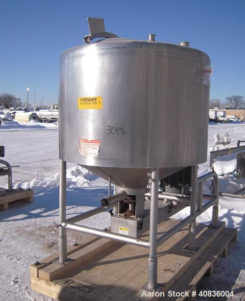 Used Breddo Likwifier, 300 Gallon, Model LOR, 304 Stainless Steel.  Non-jacketed tank 54" diameter x 30" straight side x coned bottom.  Dished top with the following openings: 1 1/2" tri-clamp, (2) 2...