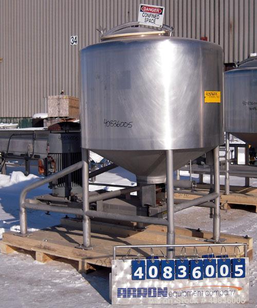 Used Breddo Likwifier, 300 Gallon, Model LOR, 304 Stainless Steel.  Non-jacketed tank 54" diameter x 30" straight side x coned bottom.  Dished top with the following openings: 1 1/2" tri-clamp, (2) 2...