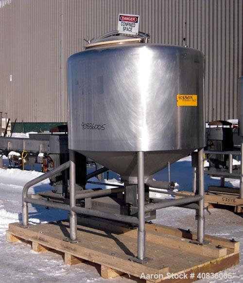 Used Breddo Likwifier, 300 Gallon, Model LOR, 304 Stainless Steel.  Non-jacketed tank 54" diameter x 30" straight side x coned bottom.  Dished top with the following openings: 1 1/2" tri-clamp, (2) 2...