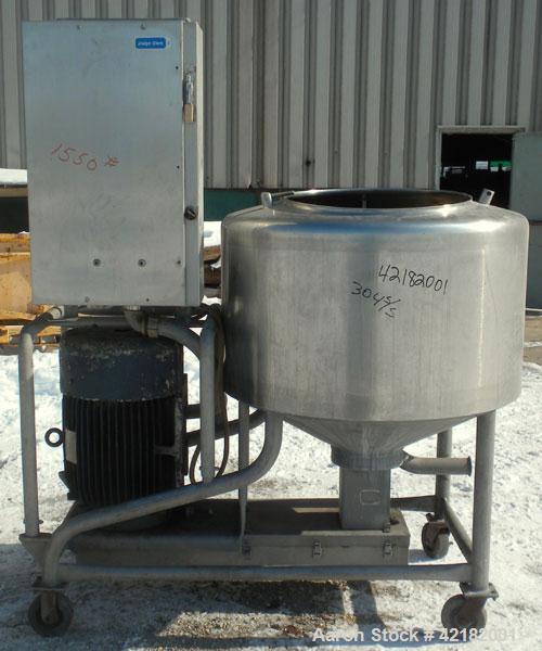 Used Breddo Likwifier, 100 Gallon, Model LOR, 304 stainless steel. Non-jacketed tank 42" diameter x 20" straight side x 18’’ coned bottom. Dished top with the following openings: 1-1/2" tri-clamp, (2...