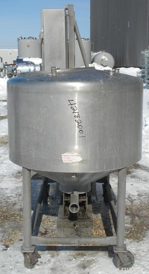 Used Breddo Likwifier, 100 Gallon, Model LOR, 304 stainless steel. Non-jacketed tank 42" diameter x 20" straight side x 18’’ coned bottom. Dished top with the following openings: 1-1/2" tri-clamp, (2...
