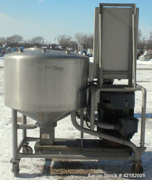 Used Breddo Likwifier, 100 Gallon, Model LOR, 304 stainless steel. Non-jacketed tank 42" diameter x 20" straight side x 18’’ coned bottom. Dished top with the following openings: 1-1/2" tri-clamp, (2...