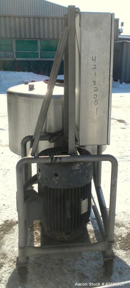 Used Breddo Likwifier, 100 Gallon, Model LOR, 304 stainless steel. Non-jacketed tank 42" diameter x 20" straight side x 18’’ coned bottom. Dished top with the following openings: 1-1/2" tri-clamp, (2...