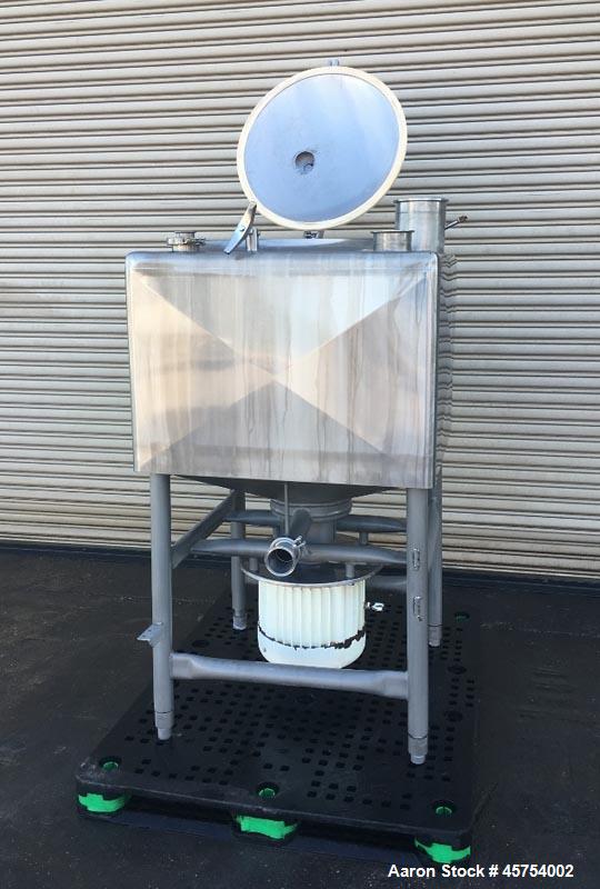 Used Breddo 100 Gallon Stainless Steel Likwifier, Model LDT. Dimensions - 34" wide x 34" long x 25" deep and  8" cone bottom. 65" Overall height. 316 Stainless steel frame construction. 32" stainless...