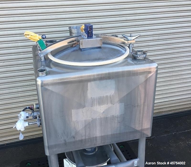 Used Breddo 100 Gallon Stainless Steel Likwifier, Model LDT. Dimensions - 34" wide x 34" long x 25" deep and  8" cone bottom. 65" Overall height. 316 Stainless steel frame construction. 32" stainless...