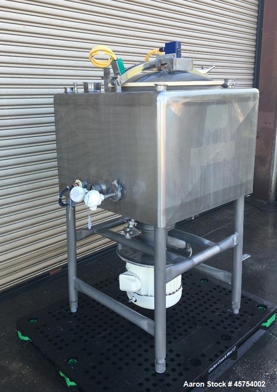 Used Breddo 100 Gallon Stainless Steel Likwifier, Model LDT. Dimensions - 34" wide x 34" long x 25" deep and  8" cone bottom. 65" Overall height. 316 Stainless steel frame construction. 32" stainless...