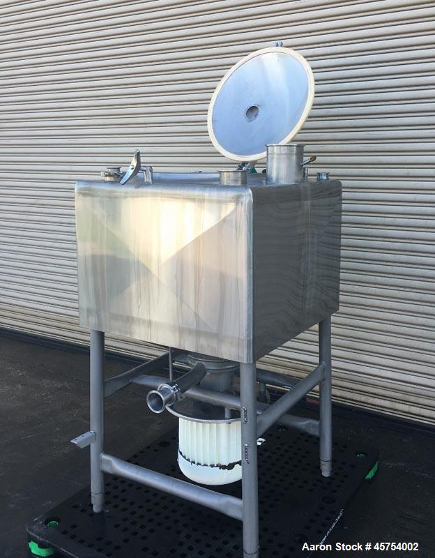 Used Breddo 100 Gallon Stainless Steel Likwifier, Model LDT. Dimensions - 34" wide x 34" long x 25" deep and  8" cone bottom. 65" Overall height. 316 Stainless steel frame construction. 32" stainless...