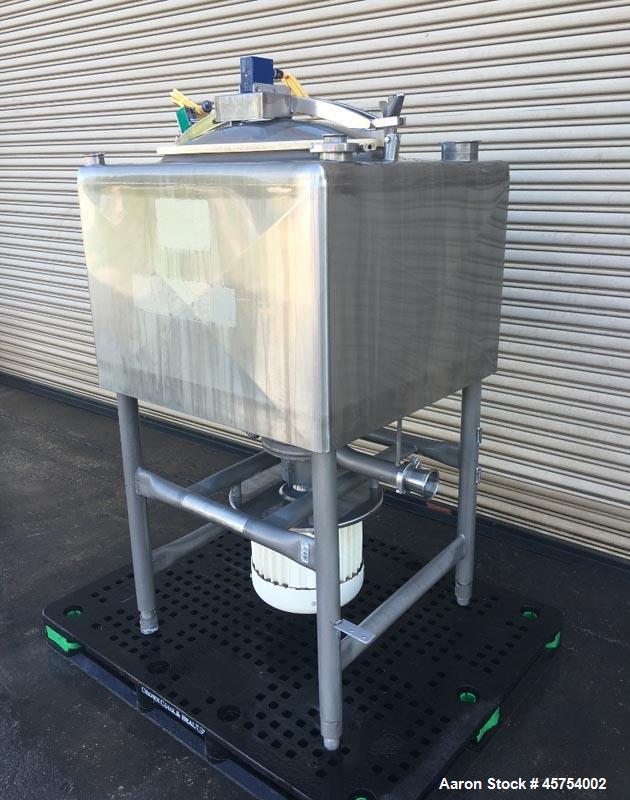 Used Breddo 100 Gallon Stainless Steel Likwifier, Model LDT. Dimensions - 34" wide x 34" long x 25" deep and  8" cone bottom. 65" Overall height. 316 Stainless steel frame construction. 32" stainless...