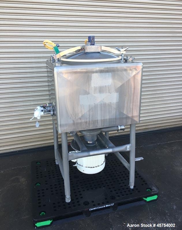 Used Breddo 100 Gallon Stainless Steel Likwifier, Model LDT. Dimensions - 34" wide x 34" long x 25" deep and  8" cone bottom. 65" Overall height. 316 Stainless steel frame construction. 32" stainless...