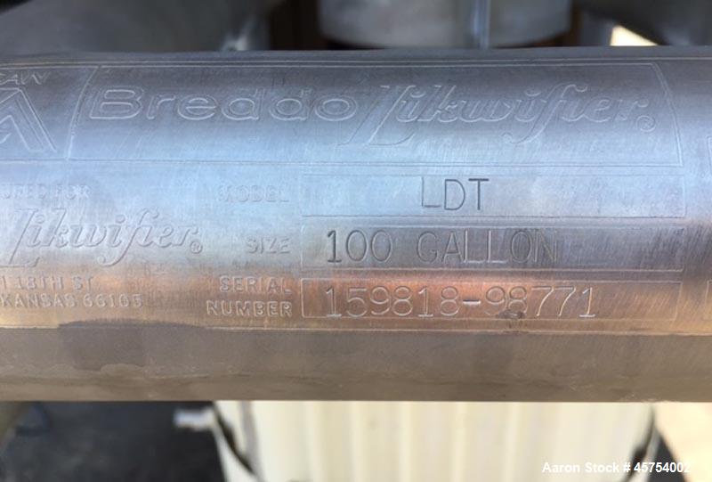 Used Breddo 100 Gallon Stainless Steel Likwifier, Model LDT. Dimensions - 34" wide x 34" long x 25" deep and  8" cone bottom. 65" Overall height. 316 Stainless steel frame construction. 32" stainless...