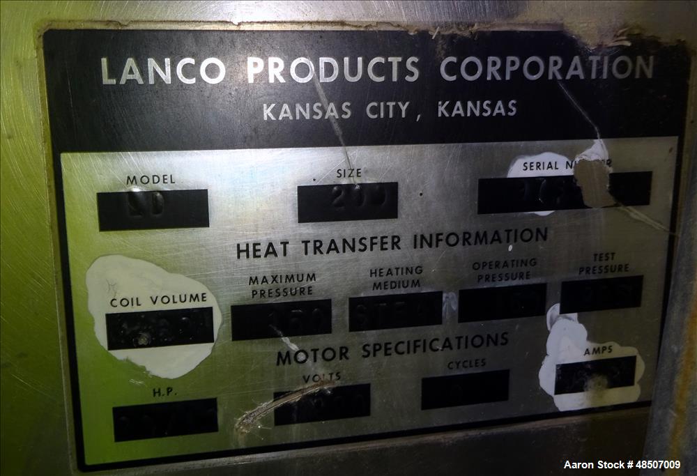 Used Lanco Likwifier, 200 Gallon, Model LD, 304 Stainless Steel.