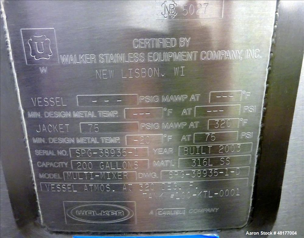 Used Walker Stainless PZ Multi-Mixer, Model PZ Multi-Mixer, 200 Gallon, 316L St