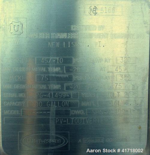 Used Walker Stainless Liquifier, 500 Gallon, model PV-Liquiverter, 316L stainless steel, vertical. Jacketed tank 52'' diameter x 60'' straight side, dished top, coned bottom. #4 Sanitary internal rat...