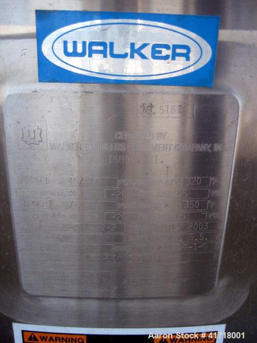 Used Walker 500 Gallon, 316L stainless steel jacketed liquifier tank, model PV Liquiverter. 58" X 62", 36" legs, 75 psi, 40 hp motor, National Board #5167, vessel 45/10, psig MAWP @ 320F, minimum des...