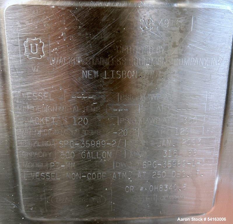 Used Walker Stainless Jacketed 500 Galon Stainless Liquifier/Multi-Motion Mixer, Model PZ-MM. 316L stainless steel. Jacket rated 120 psi at 350 degrees F. Top mounted agitator with scraper/sweep blad...