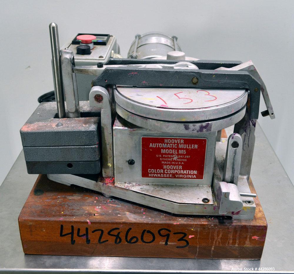 Used Hoover Color Corp. Automatic Muller, Model M5. Unit consists of (2) 7-1/2" Diameter glass plates, one of which rotates at a constant speed over a stationary plate causing shear forces to develop...
