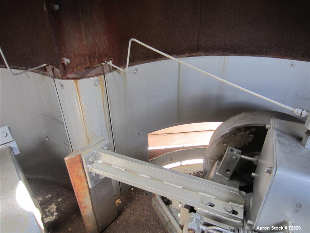 Used Simpson Multi-Mull Continuous Mixer, Model 21GP, 304 Stainless Steel. Capacity approximately 30 Tons/HR. Figure 8 style cribs 54" diameter x 30" deep. (4) 20" diameter x 5" wide mulling wheels w...