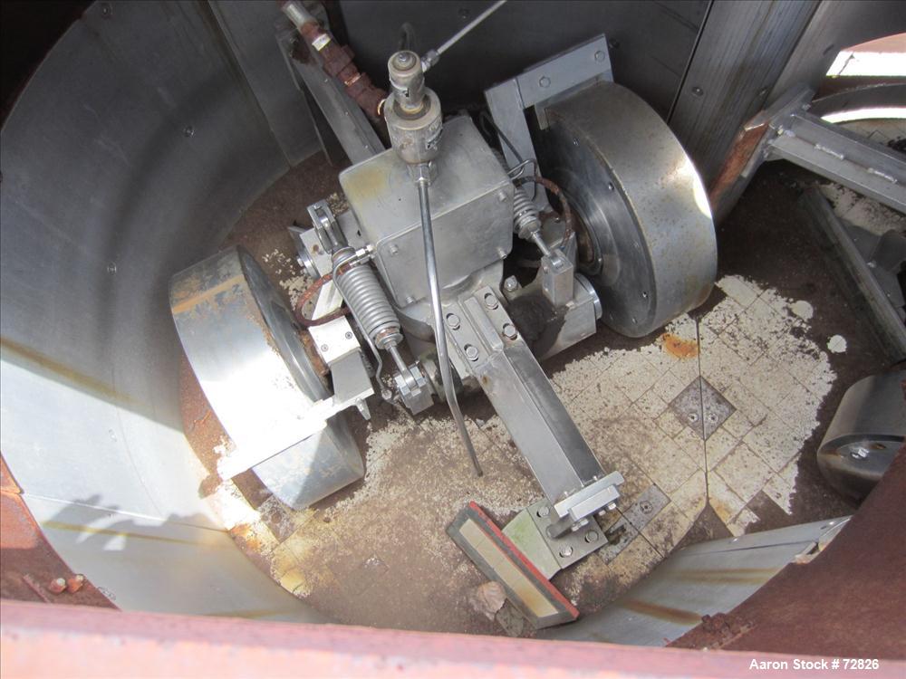 Used Simpson Multi-Mull Continuous Mixer, Model 21GP, 304 Stainless Steel. Capacity approximately 30 Tons/HR. Figure 8 style cribs 54" diameter x 30" deep. (4) 20" diameter x 5" wide mulling wheels w...