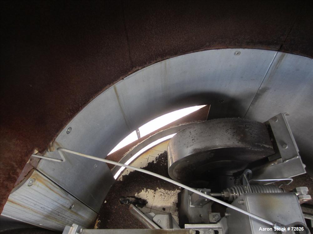 Used Simpson Multi-Mull Continuous Mixer, Model 21GP, 304 Stainless Steel. Capacity approximately 30 Tons/HR. Figure 8 style cribs 54" diameter x 30" deep. (4) 20" diameter x 5" wide mulling wheels w...