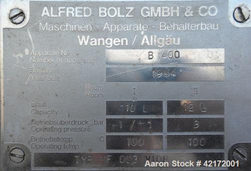 Used Alfred Bolz Mixer, Type MF 003 VIDP, approximately 3.88 cubic feet (110 lter) capacity, 316 stainless steel. 25" diameter x 36" straight side. Internal rated -1/+1 bar (-14.5 psi/14.5 psi) at 10...
