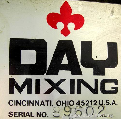 Used J H Day Nauta Mixer, 1.75 Cubic Foot Working Capacity, 304 Stainless Steel. Approximately 28" diameter x 36" straight side. 2/3 dimple jacket rated 125 PSI at 353 Degrees F, (2) 1/3 covers. Appr...