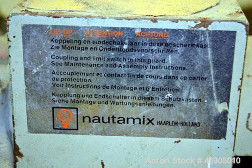 Used Vrieco Nauta Mixer, Approximately 6.9 Cubic Feet Working Capacity (195 Liter), 304 Stainless Steel.  Approximately 48" diameter x 66-1/2" cone height, bolt on flat top with 1", 3", (2) 4", 10" o...